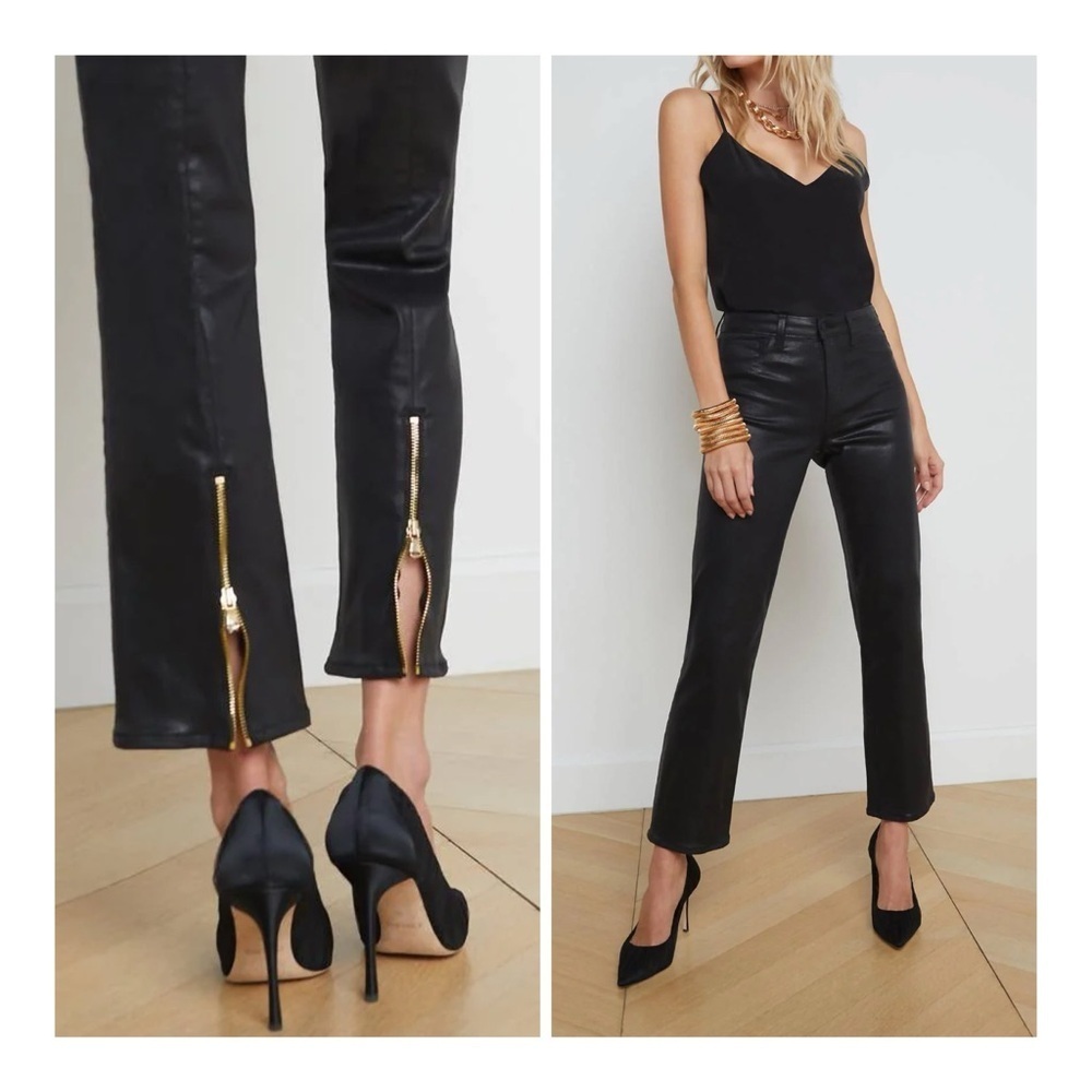 L’Agence Ginny High-Waisted Coated Jeans with Back Gold Zipper Detail NEW